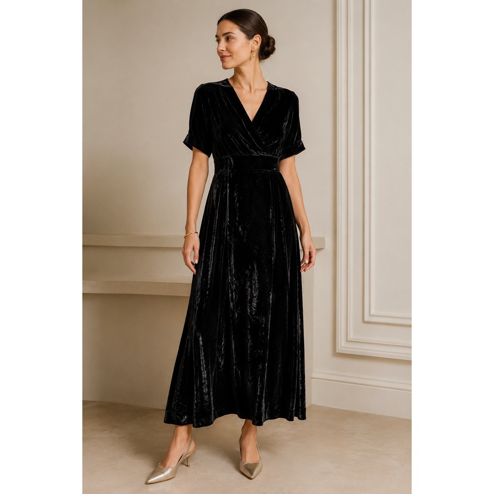 Emerson Fry Black Silk Velvet Maxi Dress XS Wrap V Neck Made USA